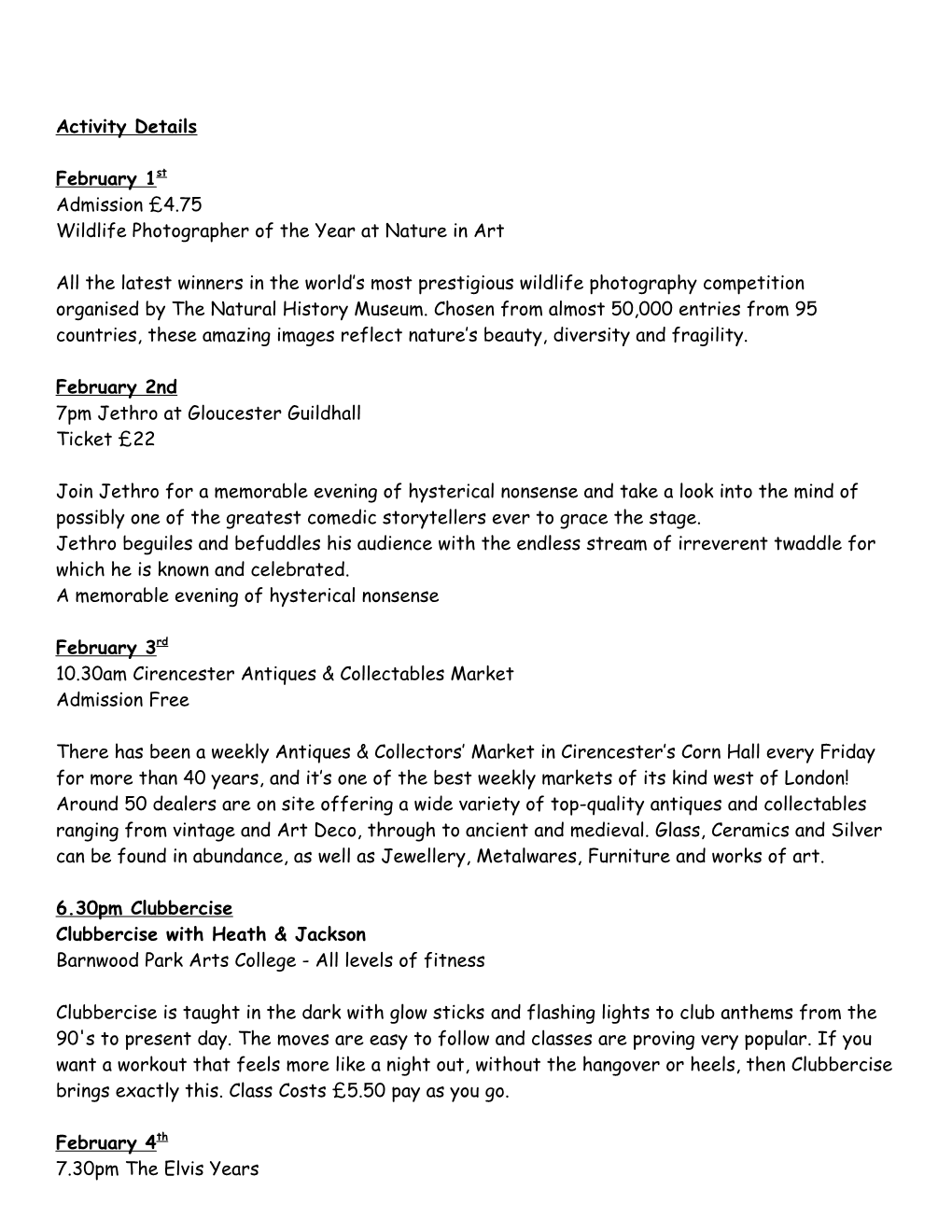 Please Find the February Programme Attached