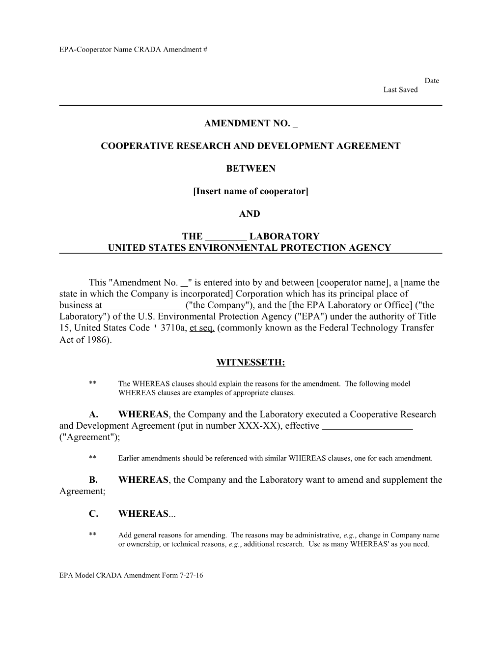 EPA Model CRADA Amendment