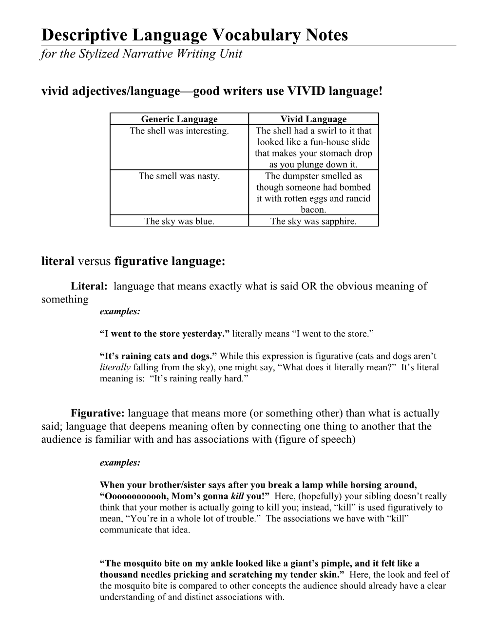 Descriptive Language Vocabulary Notes