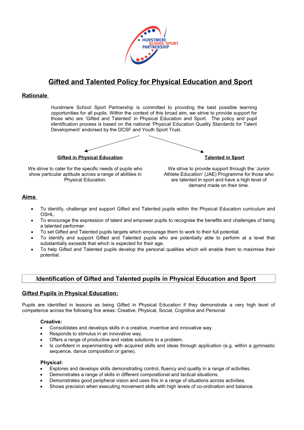 Talented & Gifted Pupil Policy for Physical Education and Sport