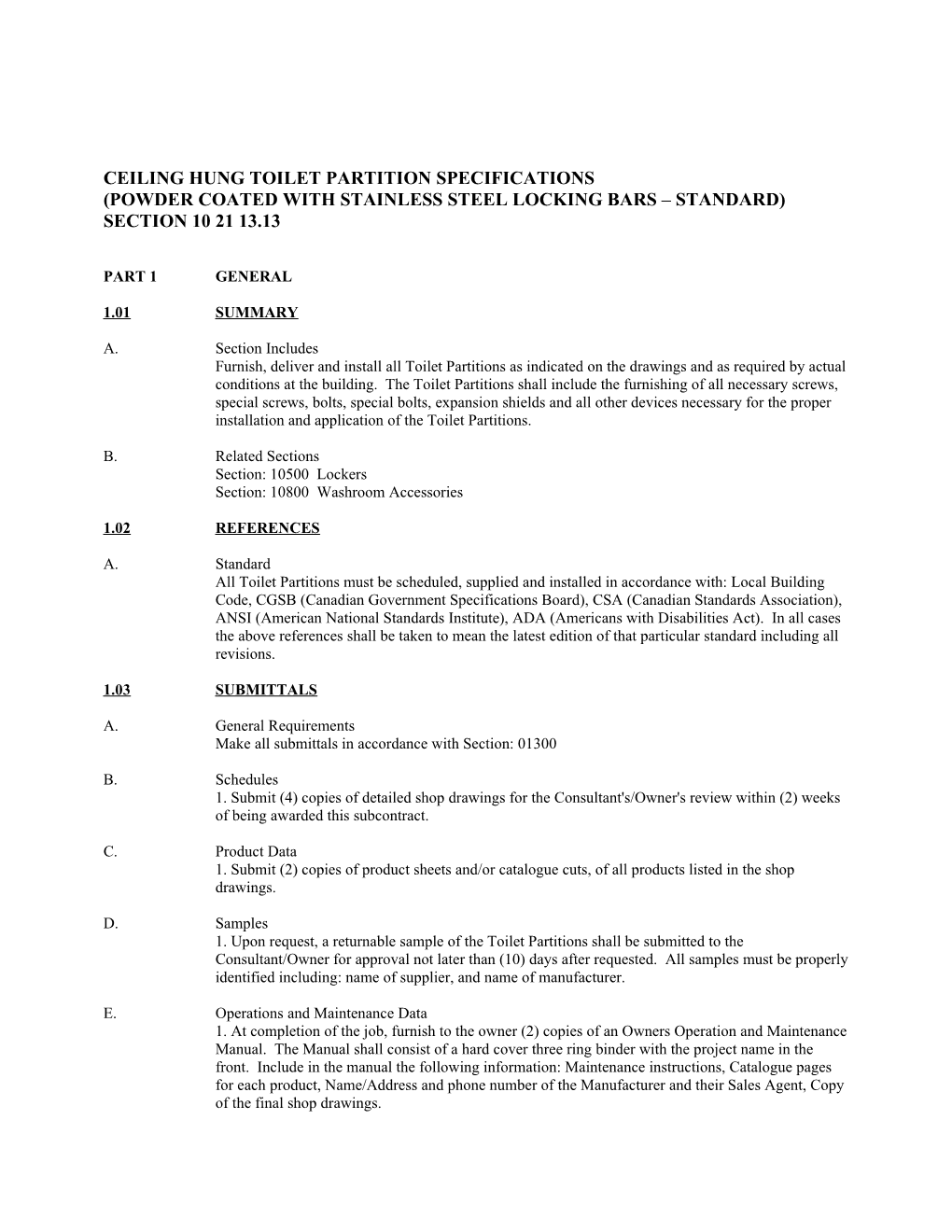 Ceiling Hung Toilet Partition Specifications