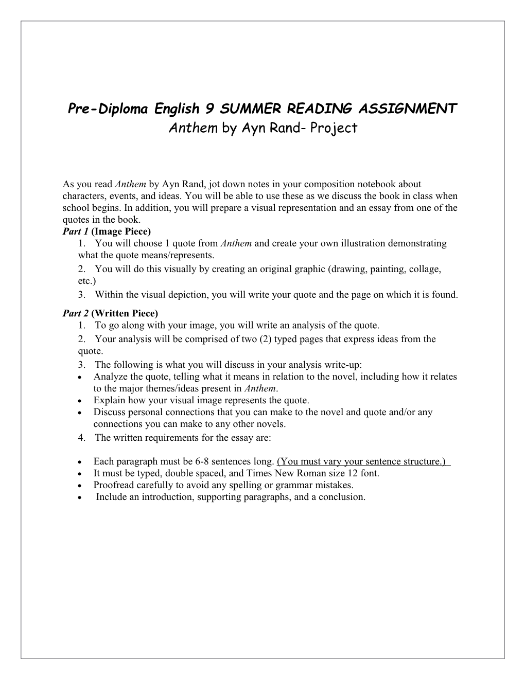 Pre-Diploma English 9SUMMER READING ASSIGNMENT