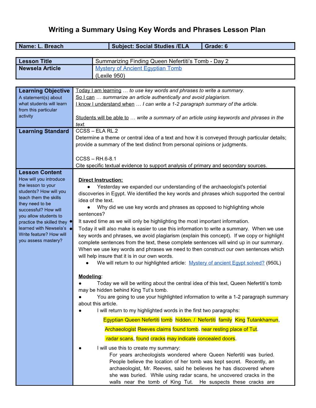 Writing a Summary Using Key Words and Phrases Lesson Plan