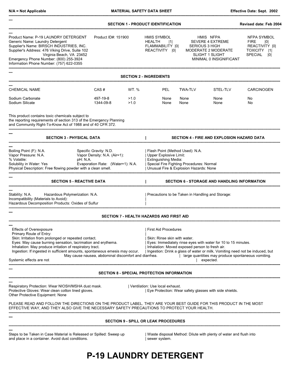 N/A = Not Applicable MATERIAL SAFETY DATA SHEET Effective Date: Sept. 2002