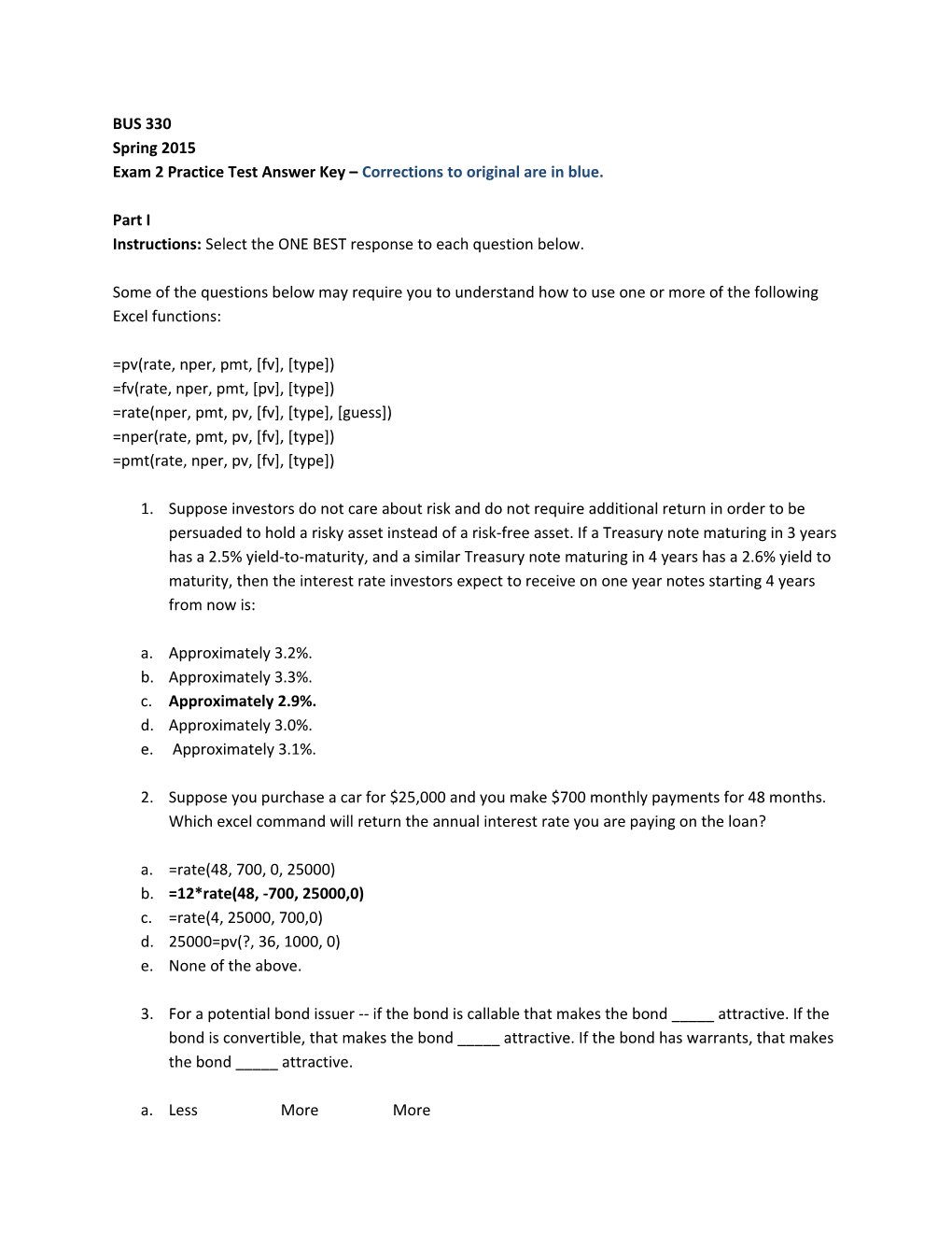 Exam 2 Practice Test Answer Key Corrections to Original Are in Blue