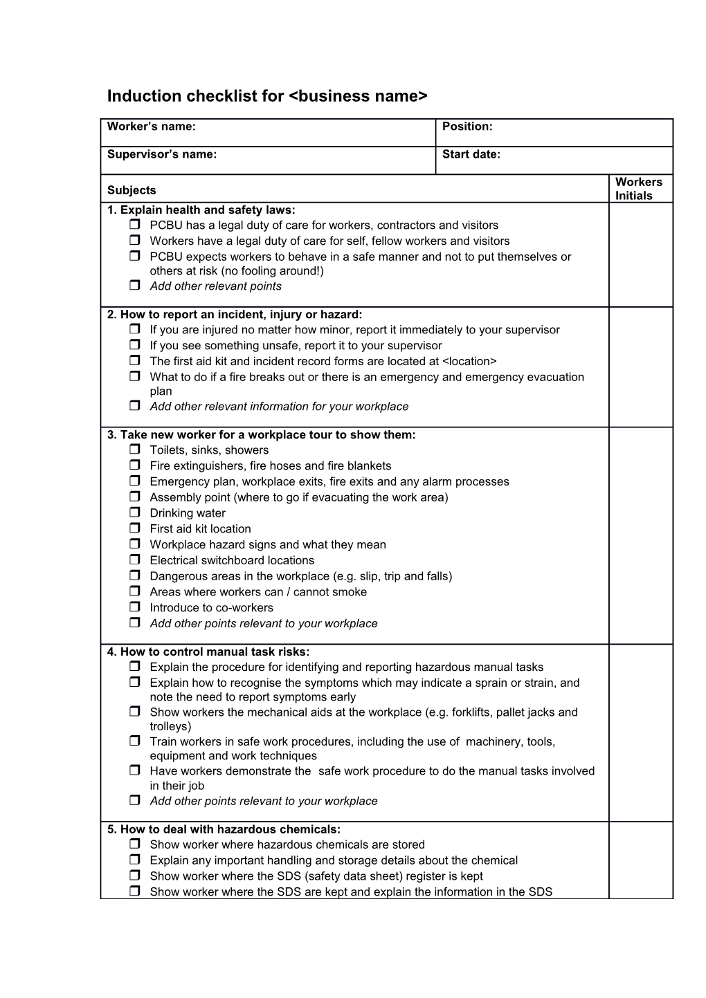 Induction Checklist for &lt;Business Name&gt;