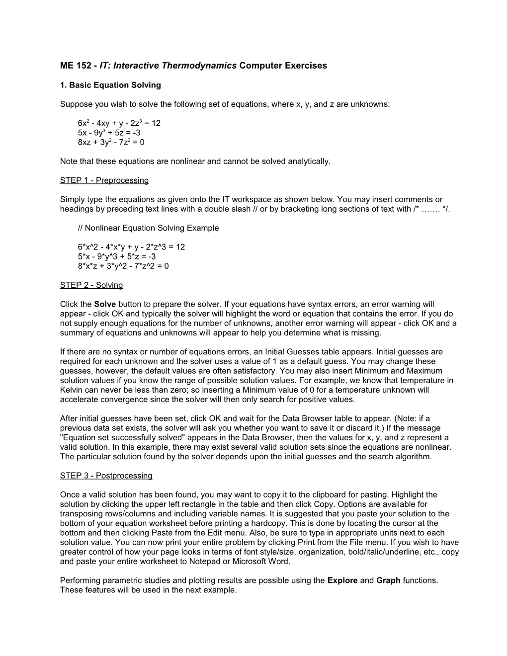 ME 152 - IT: Interactive Thermodynamics Computer Exercises