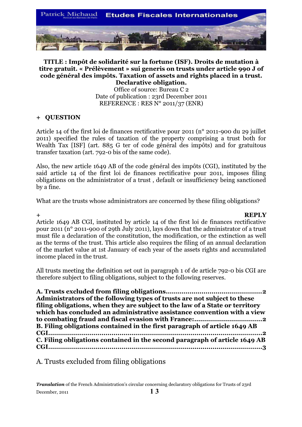 Translation of the French Administration's Circular Concerning Declaratory Obligations