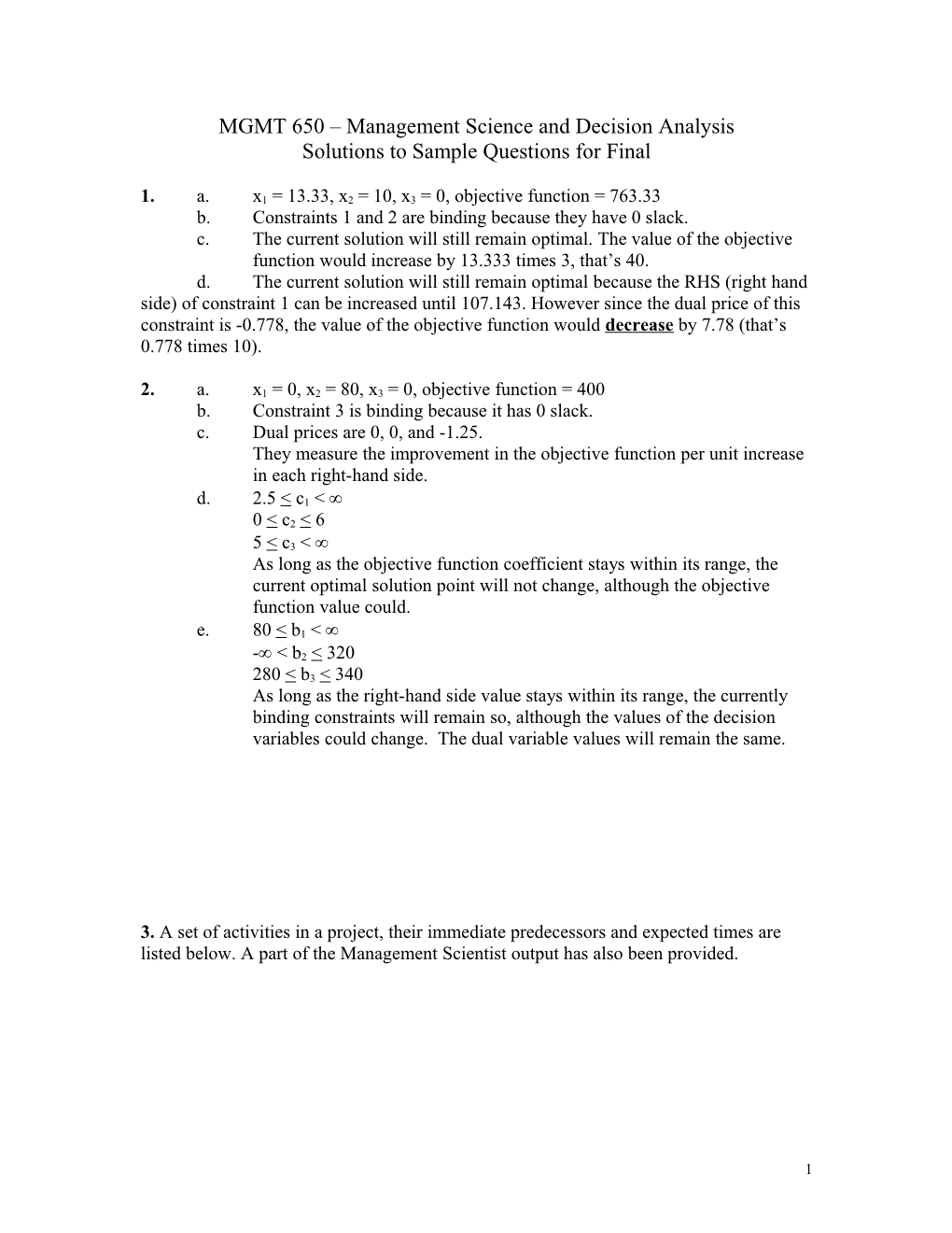 MGMT 650 Management Science and Decision Analysis