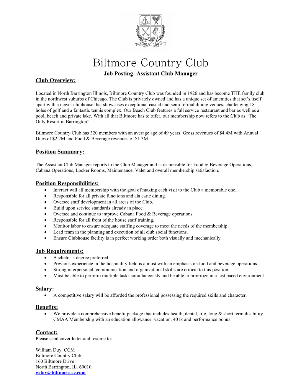 Job Posting: Assistant Club Manager