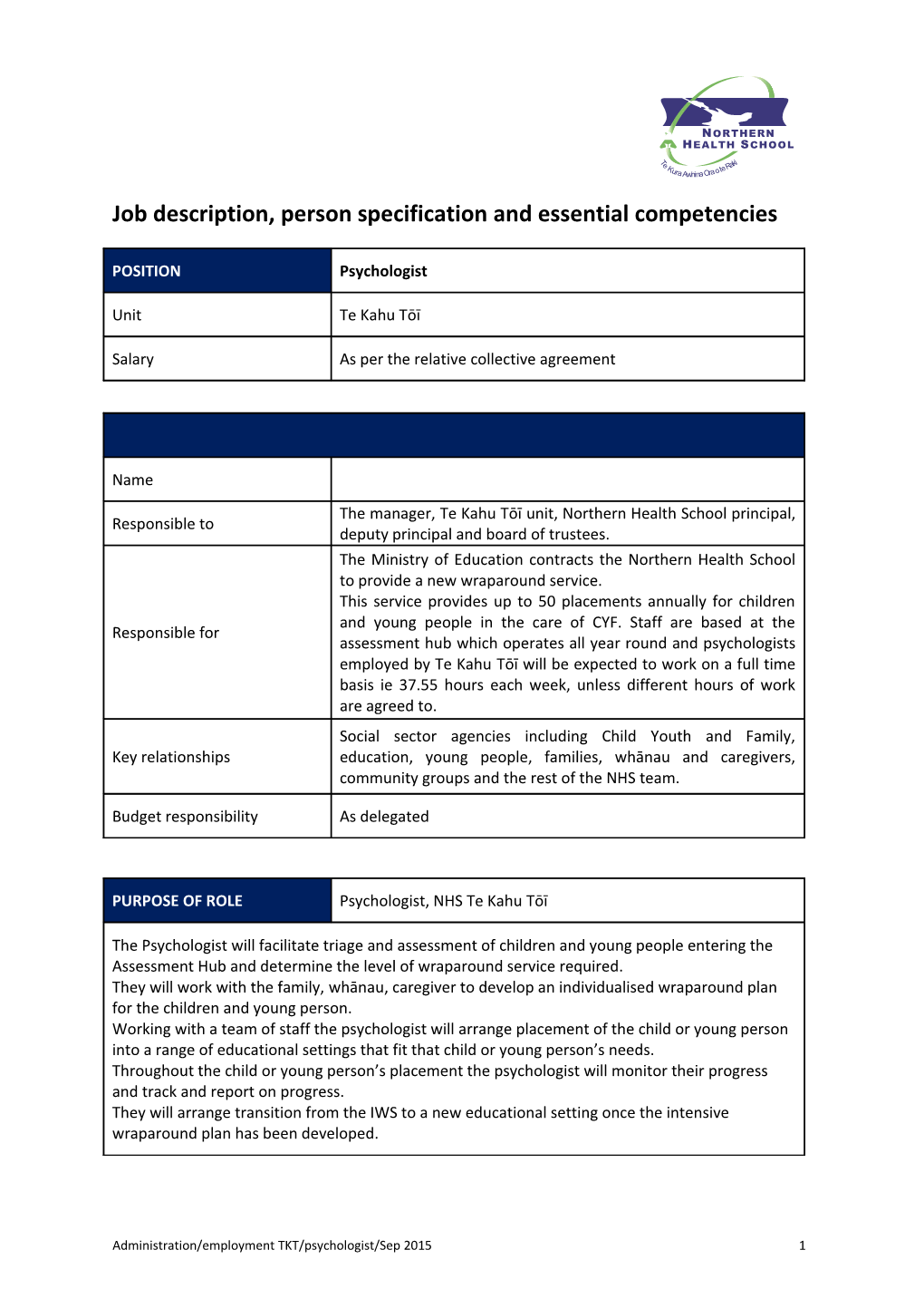 Job Description, Person Specification and Essential Competencies