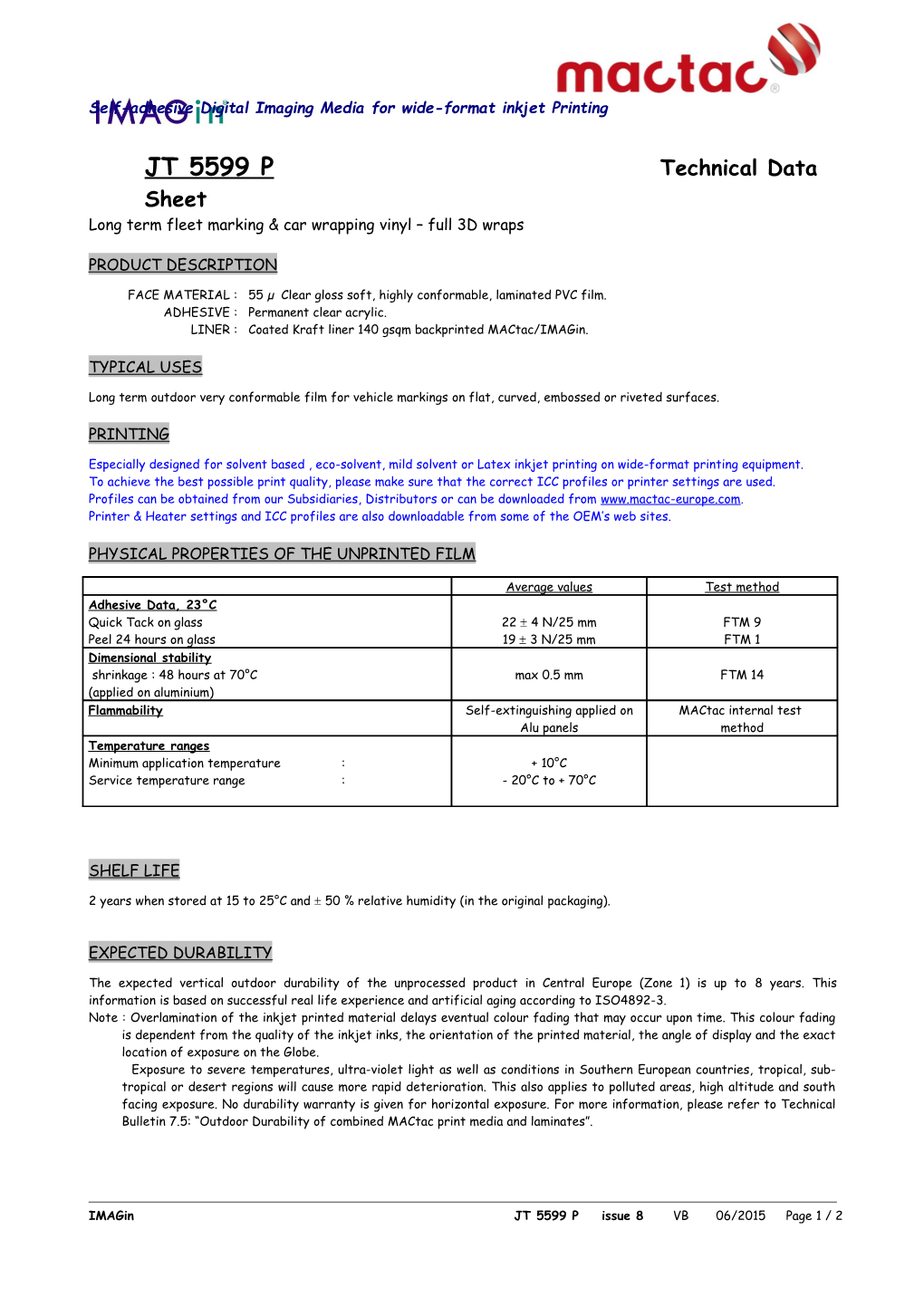 JT 5599 P Technical Data Sheet