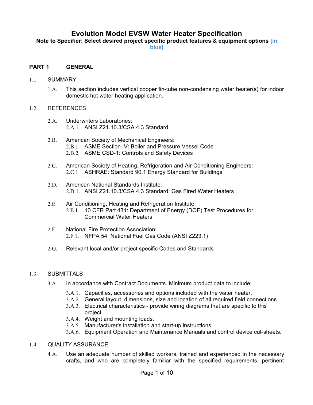 Evolution Model EVSW Water Heater Specification