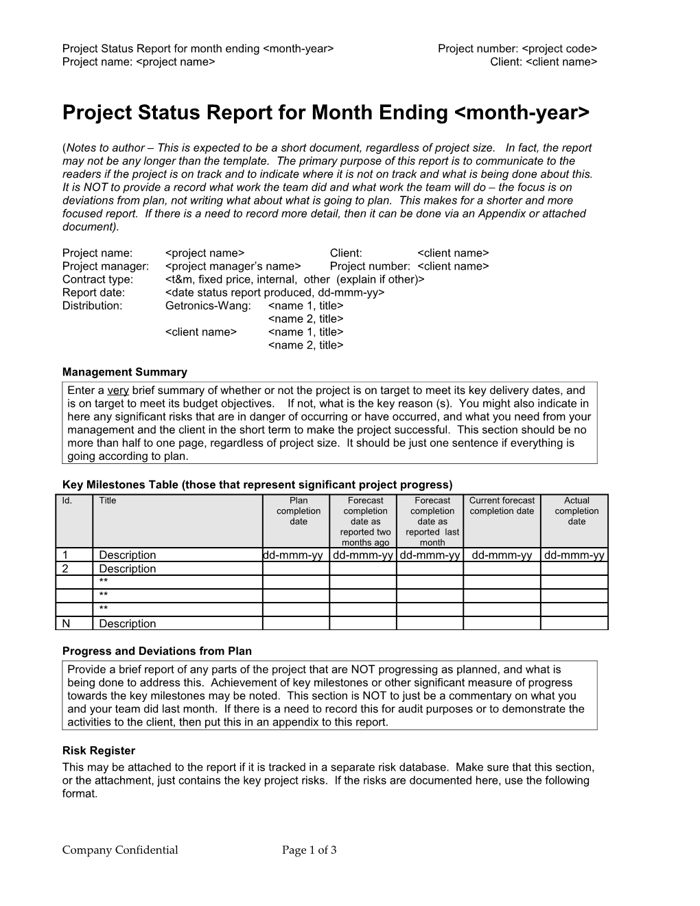 Monthly Project Status Report Template
