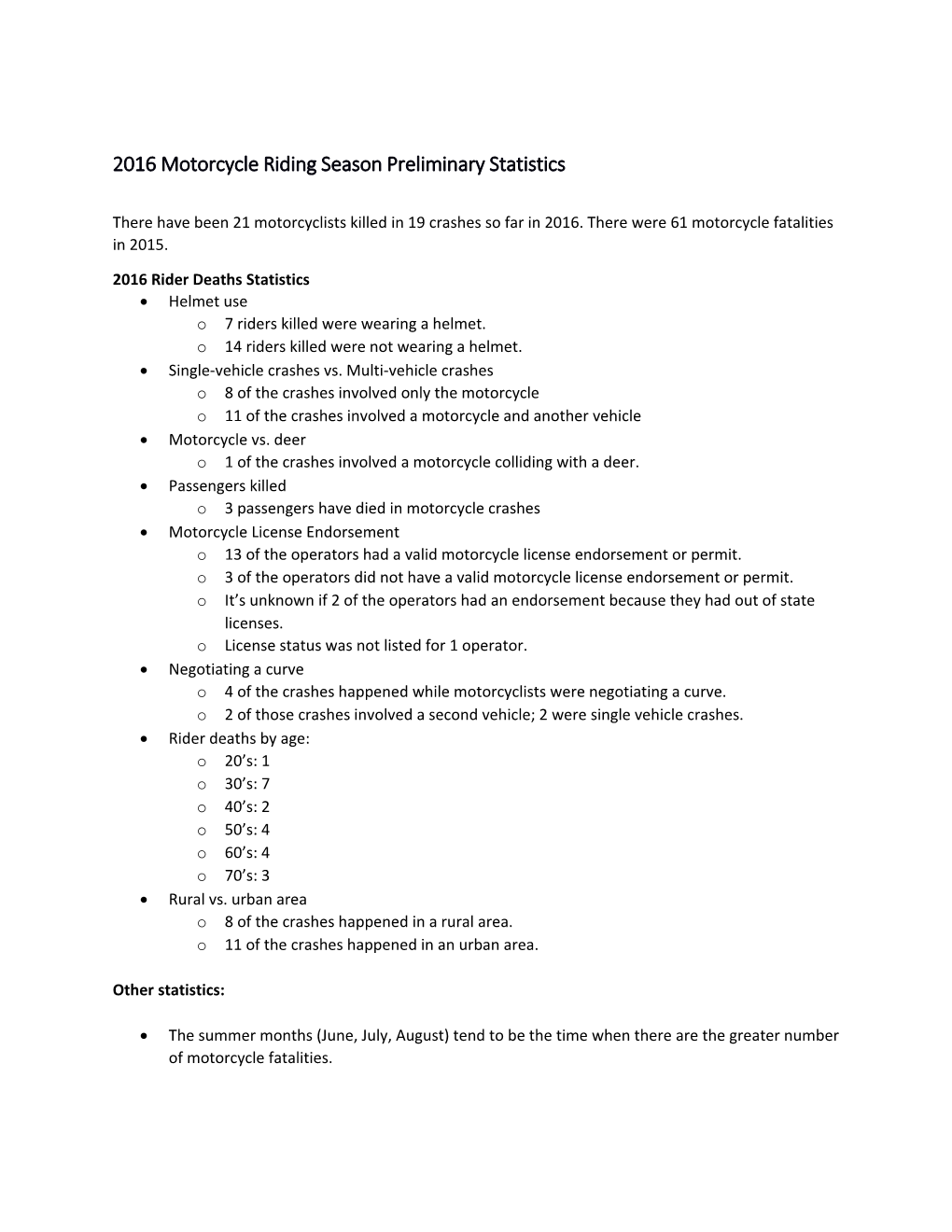 2016 Motorcycle Riding Season Preliminary Statistics