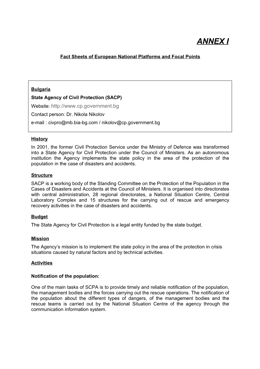 Fact Sheets of European National Platforms and Focal Points