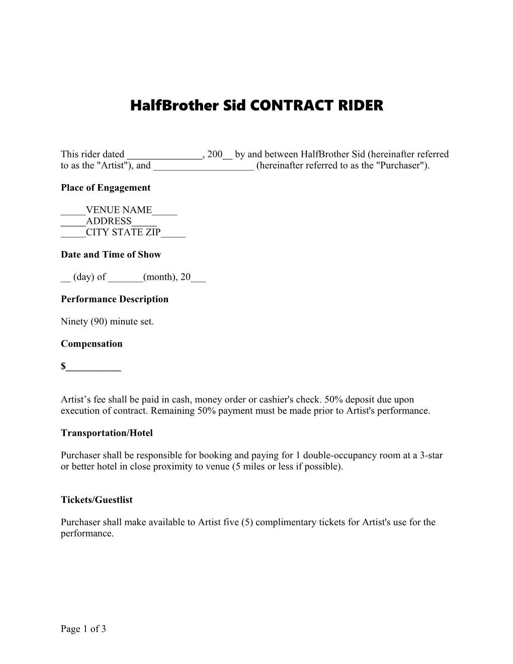 Band Performance Contract Rider