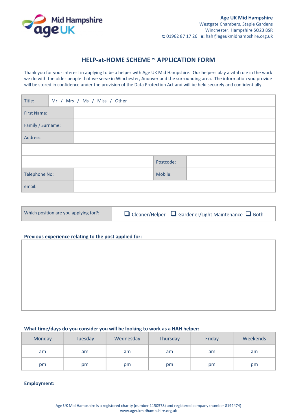 HELP-At-HOME SCHEME APPLICATION FORM