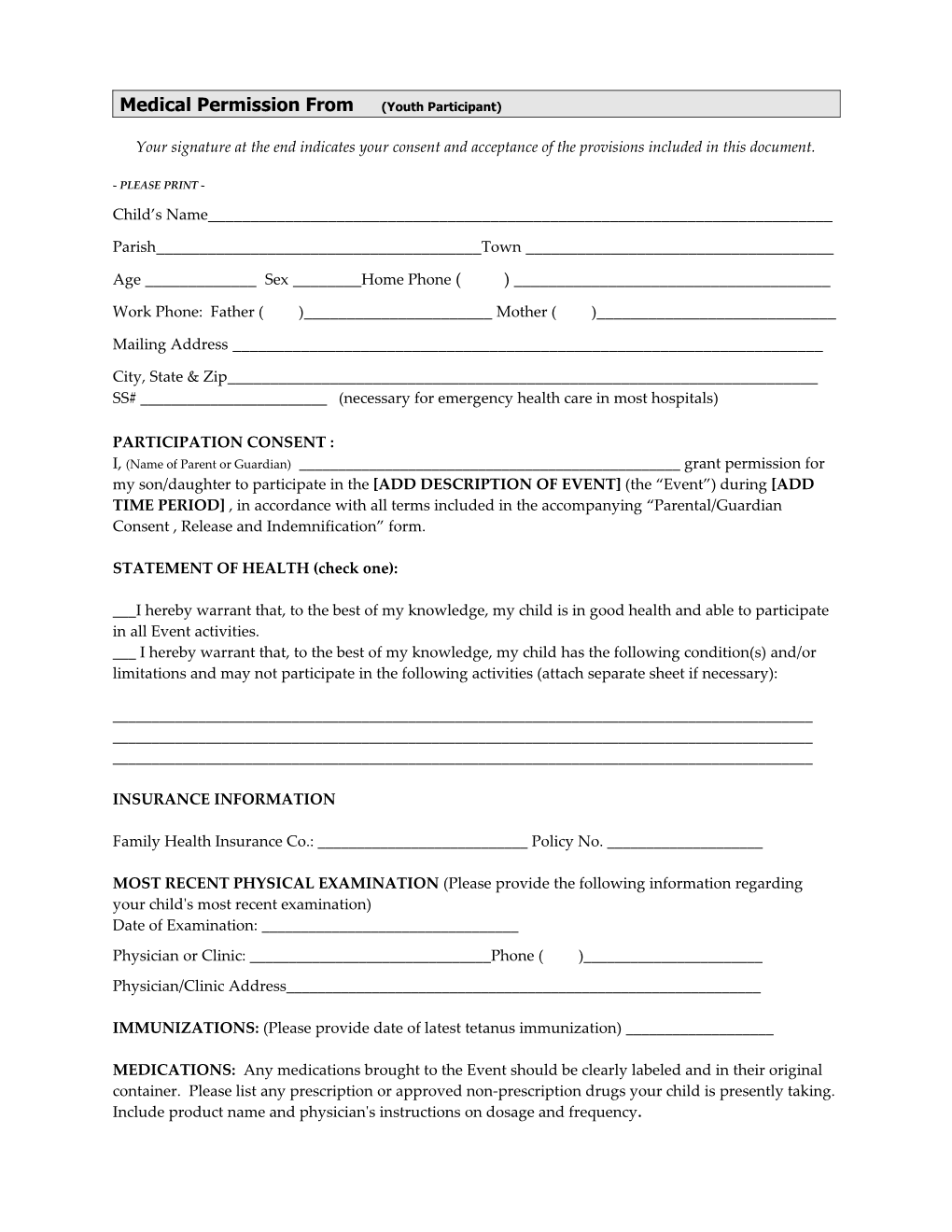 Diocesan/NCYC Medical Permission Form