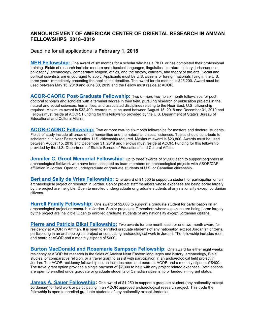 Announcement of American Center of Oriental Research in Amman Fellowships 2018 2019