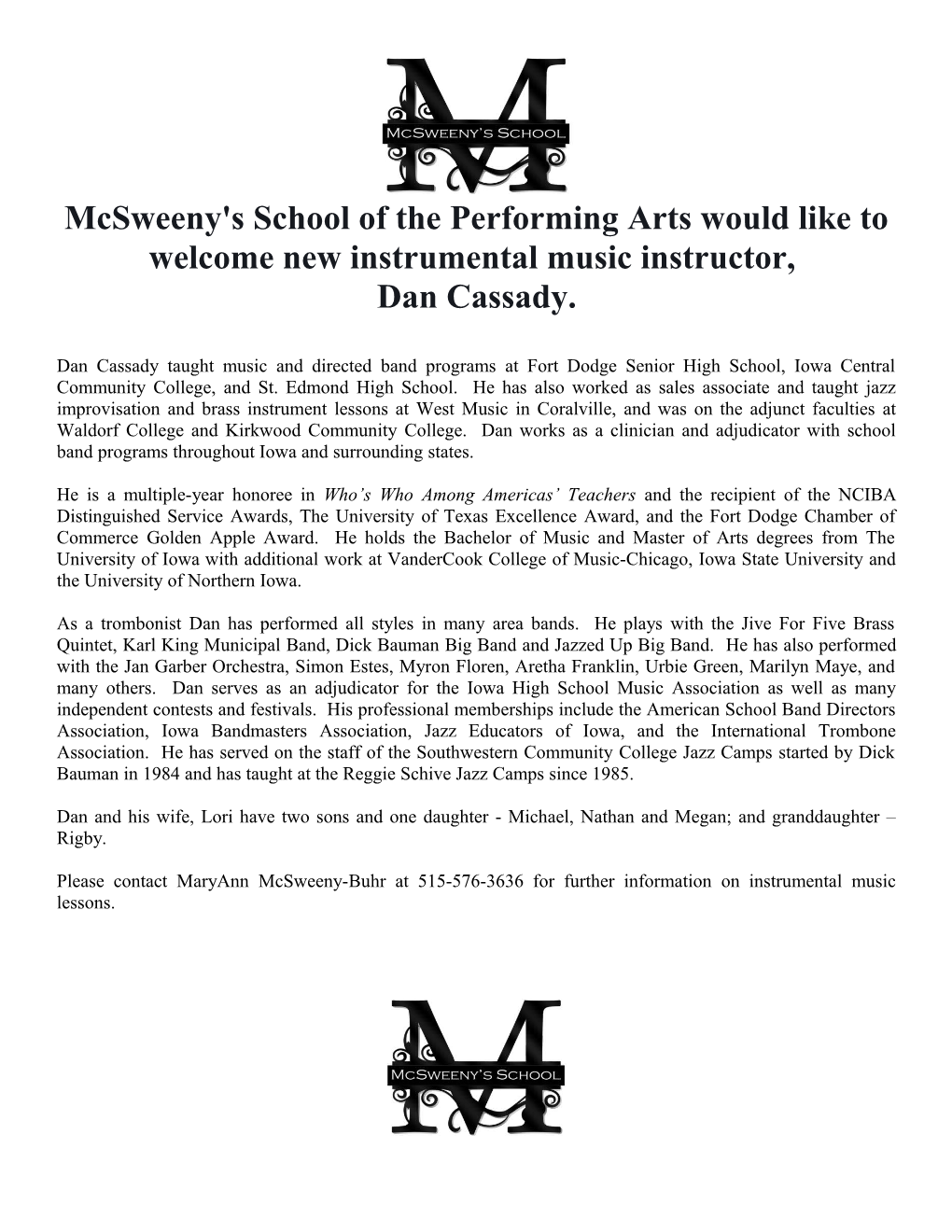 Mcsweeny's School of the Performing Arts Would Like to Welcome New Instrumental Music