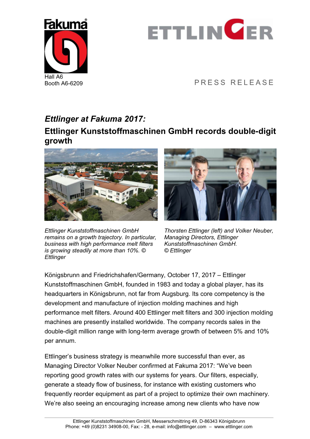 Ettlinger Kunststoffmaschinen Gmbh Records Double-Digit Growth