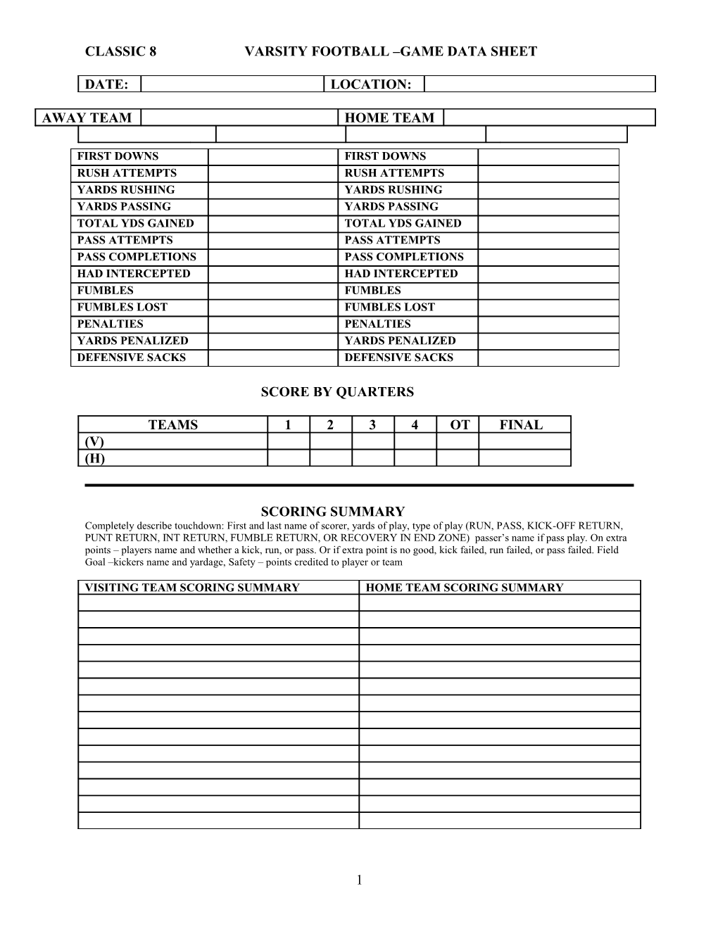 Classic 8 Varsity Football Game Data Sheet