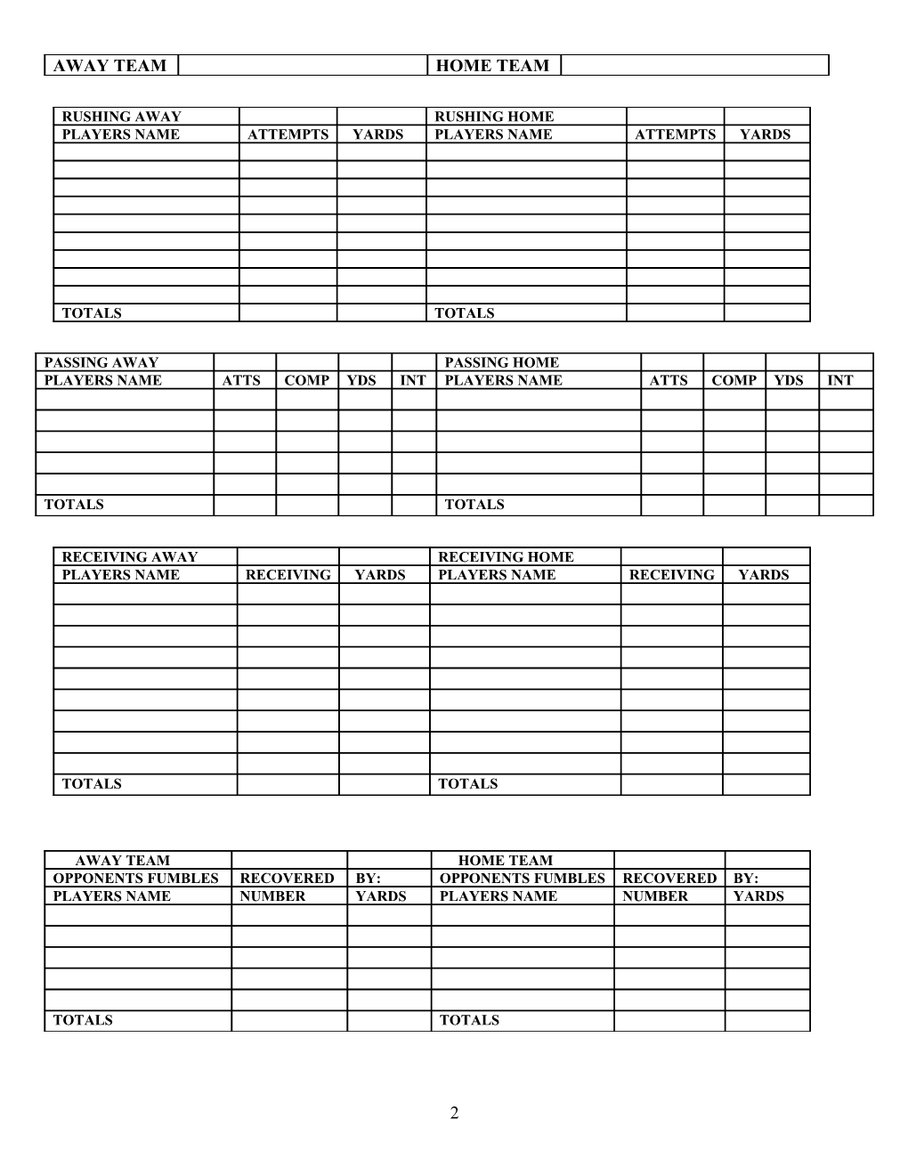 Classic 8 Varsity Football Game Data Sheet