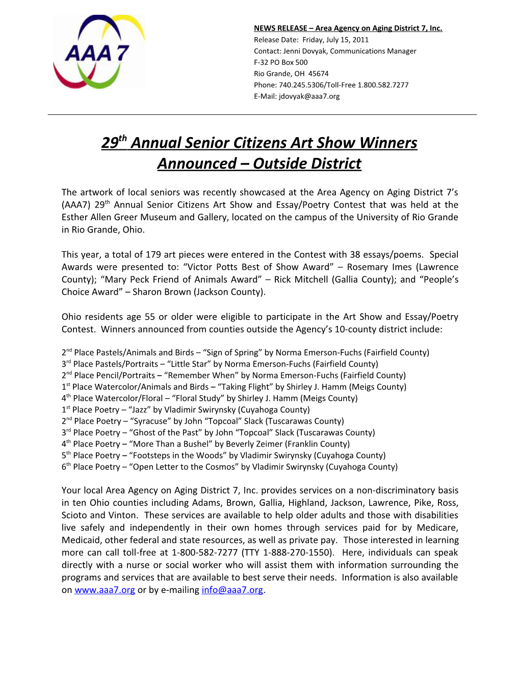 29Th Annual Senior Citizens Art Show Winners Announced Outside District