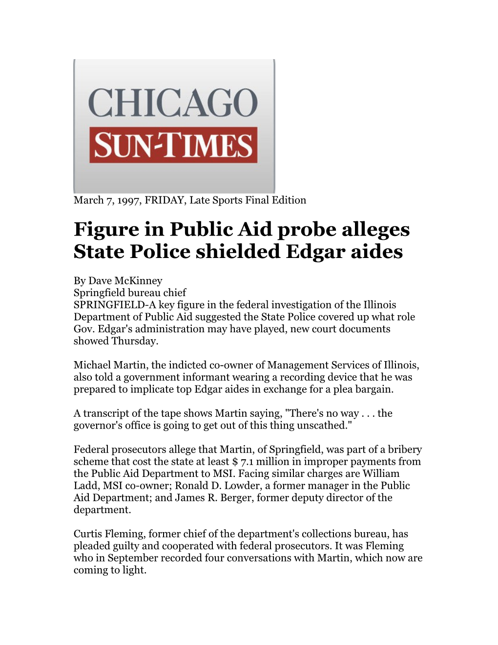 Figure in Public Aid Probe Alleges State Police Shielded Edgar Aides