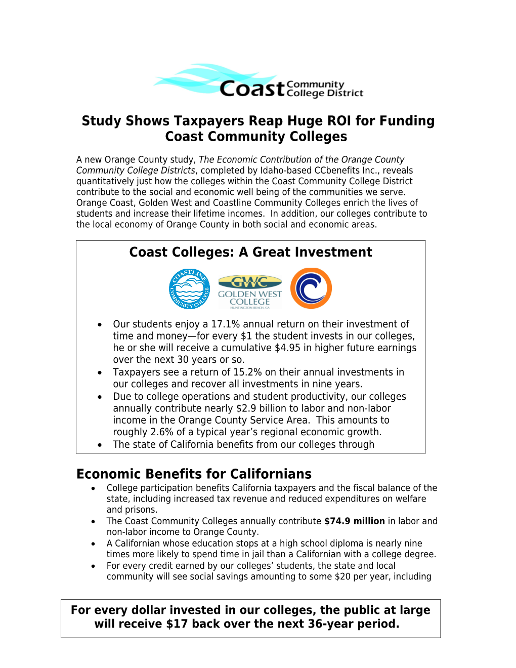 Study Shows Taxpayers Reap Huge ROI for Funding Coast Community Colleges