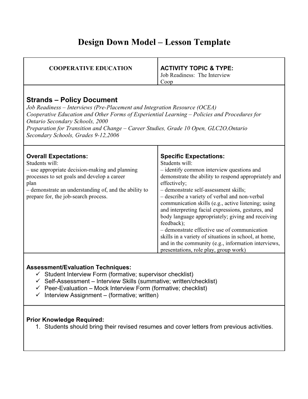 Design Down Model Lesson Template