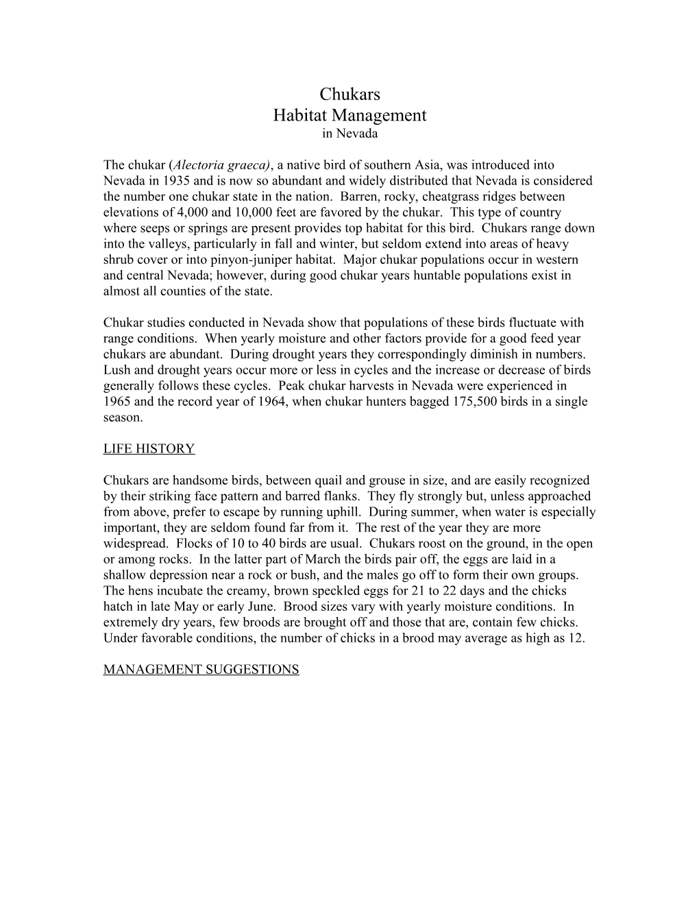 Habitat Management for Chukars