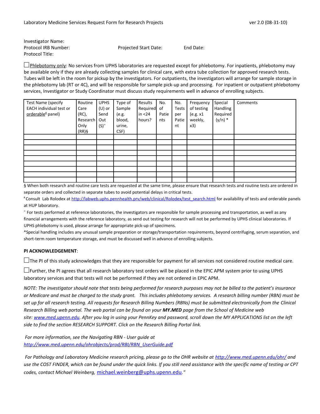 Laboratory Medicine Services Request Form for Research Projectsver 2.0 (08-31-10)