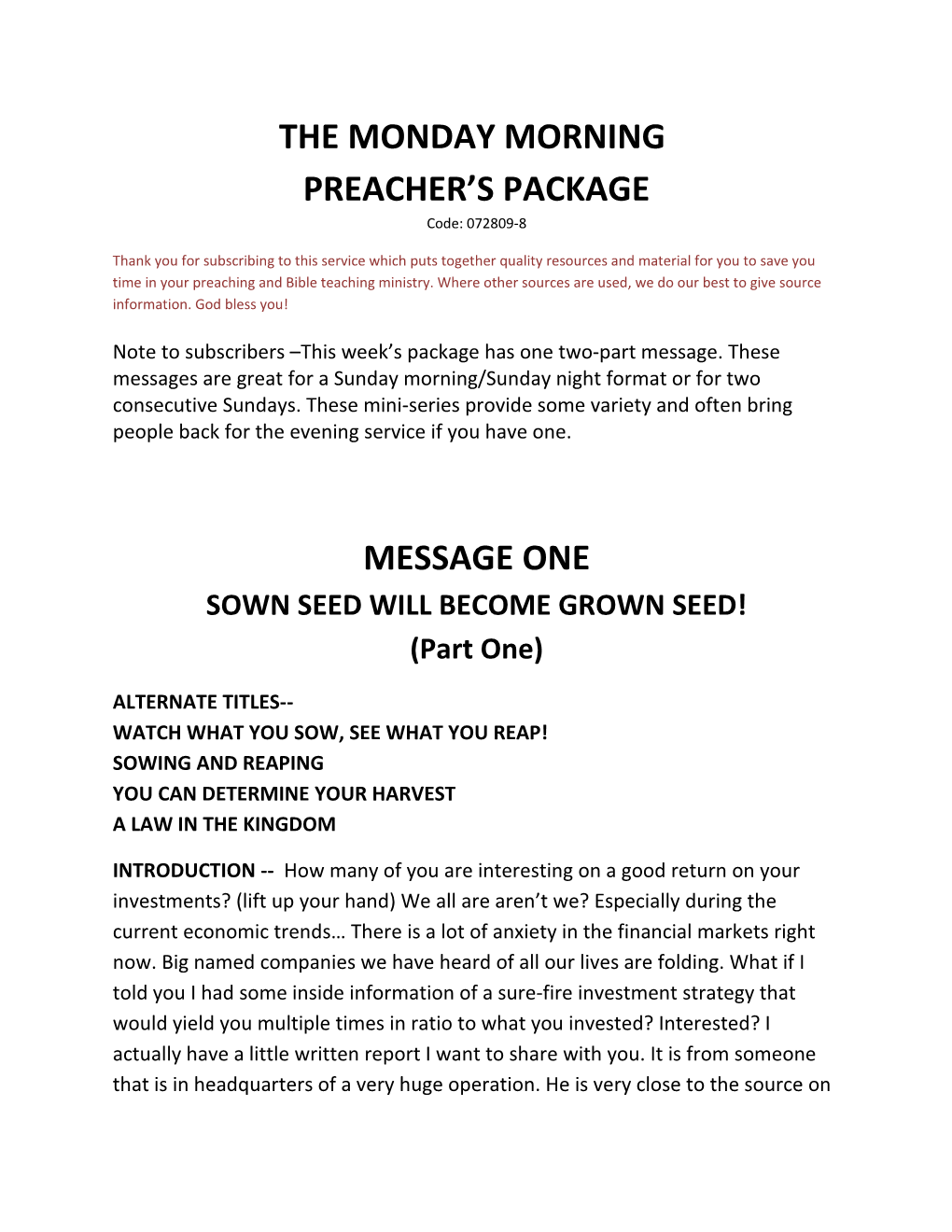 THE MONDAY MORNING PREACHER S PACKAGE Code: 072809-8