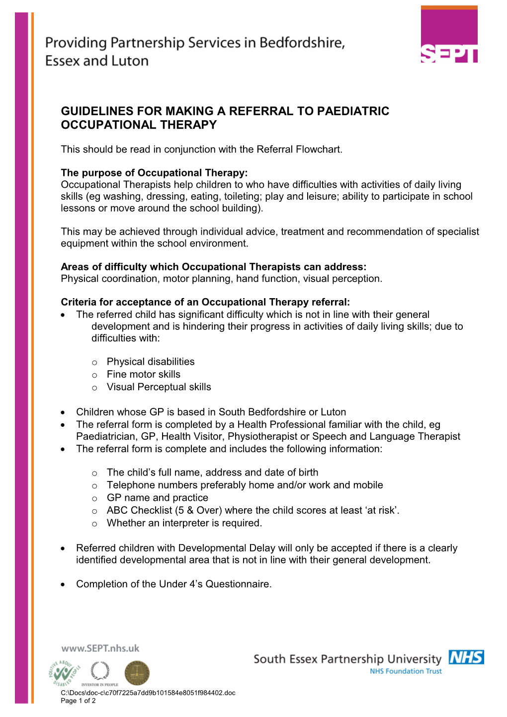 Guidelines for Making a Referral to Paediatric Occupational Therapy