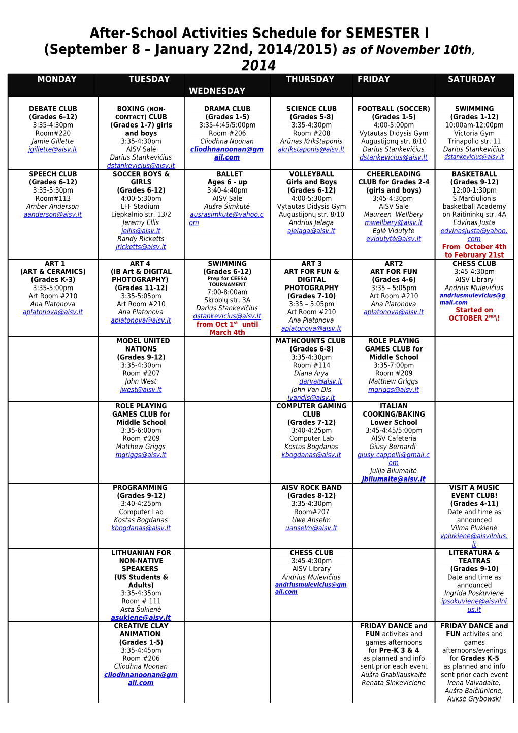 After-School Activities Schedule for SEMESTER I