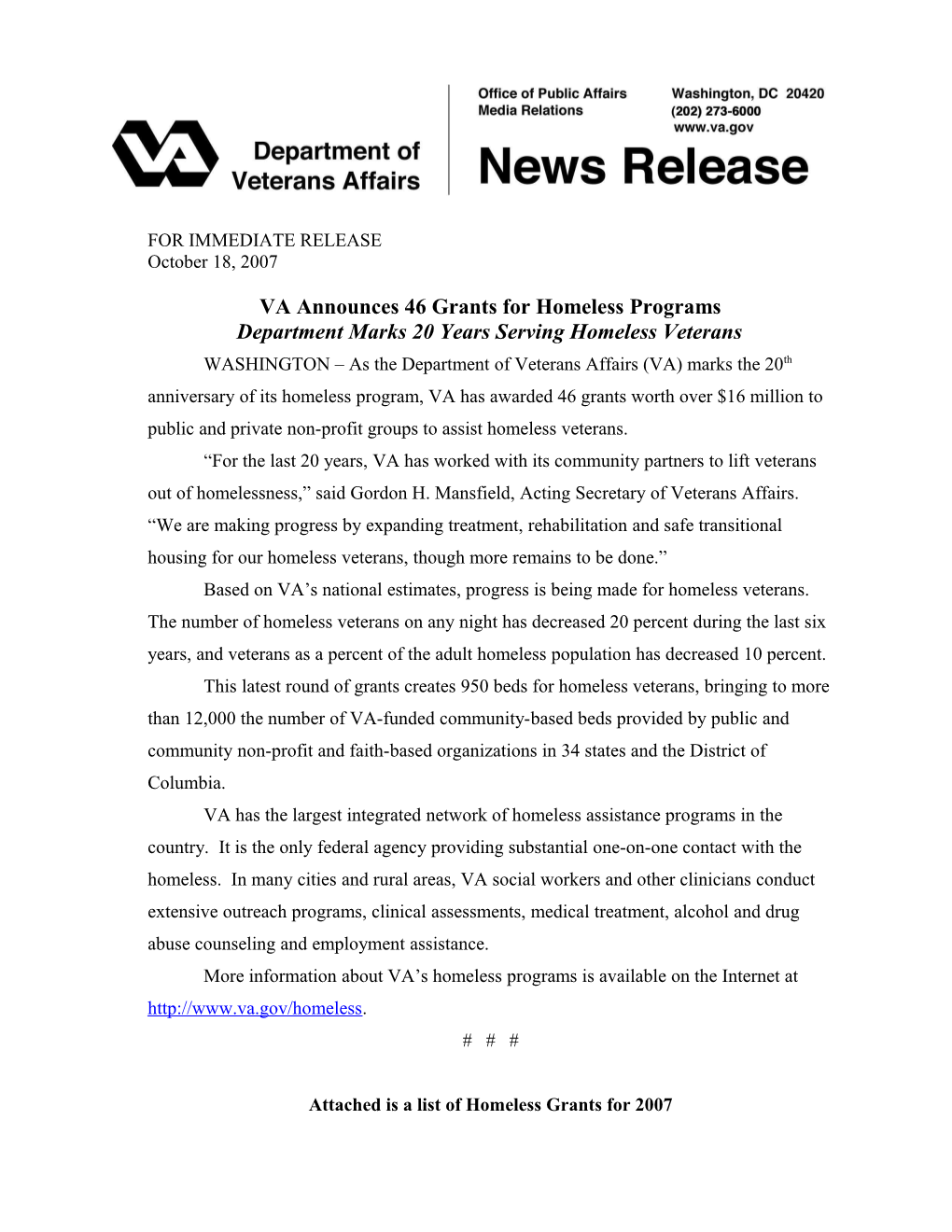 VA Announces46 Grants for Homeless Programs