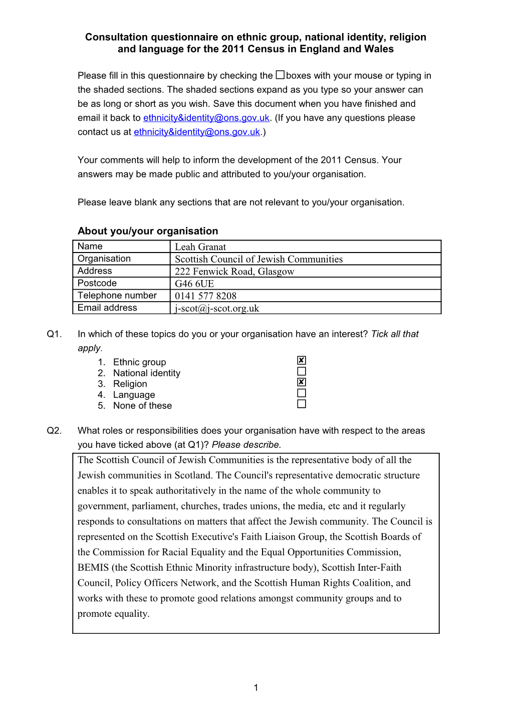 2011 Census Questionnaire on Ethnic Group, National Identity and Religion