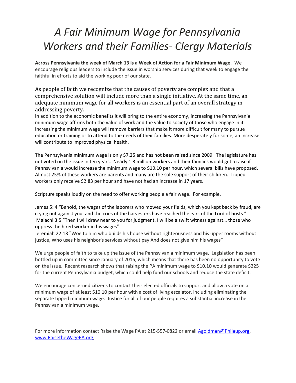 A Fair Minimum Wage for Pennsylvania Workers and Their Families- Clergy Materials