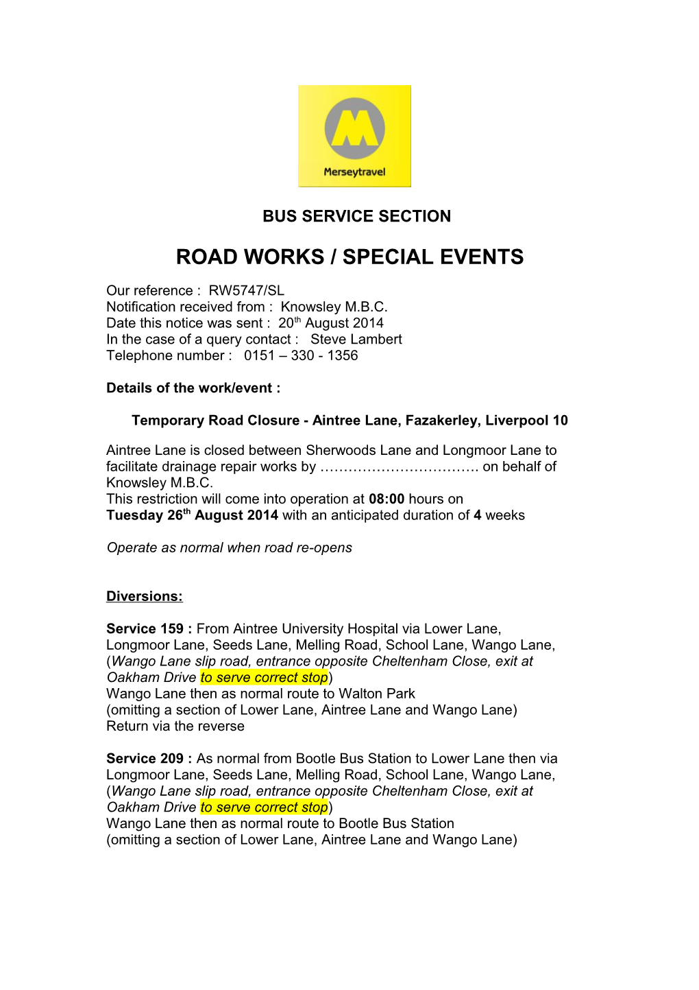 Road Works / Special Events