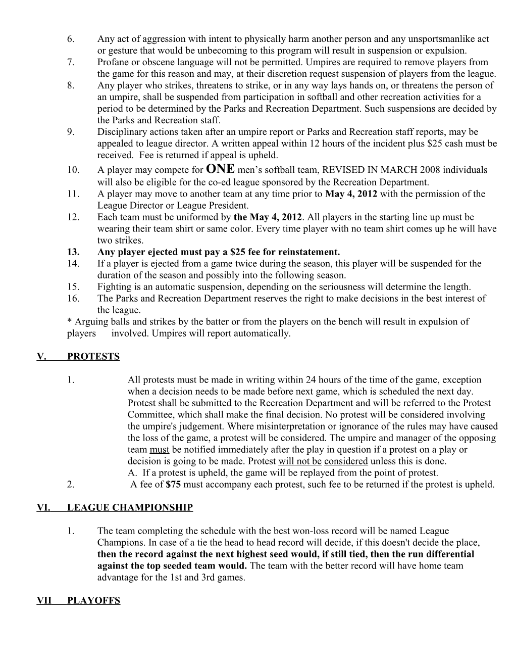 Rules and Regulations for Vernon Men's Softball