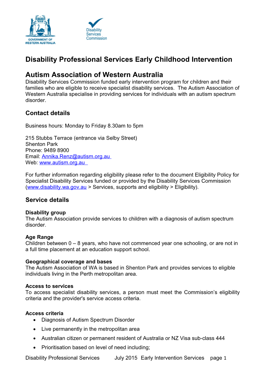 Service Provider Profiles - Early Childhood Intervention