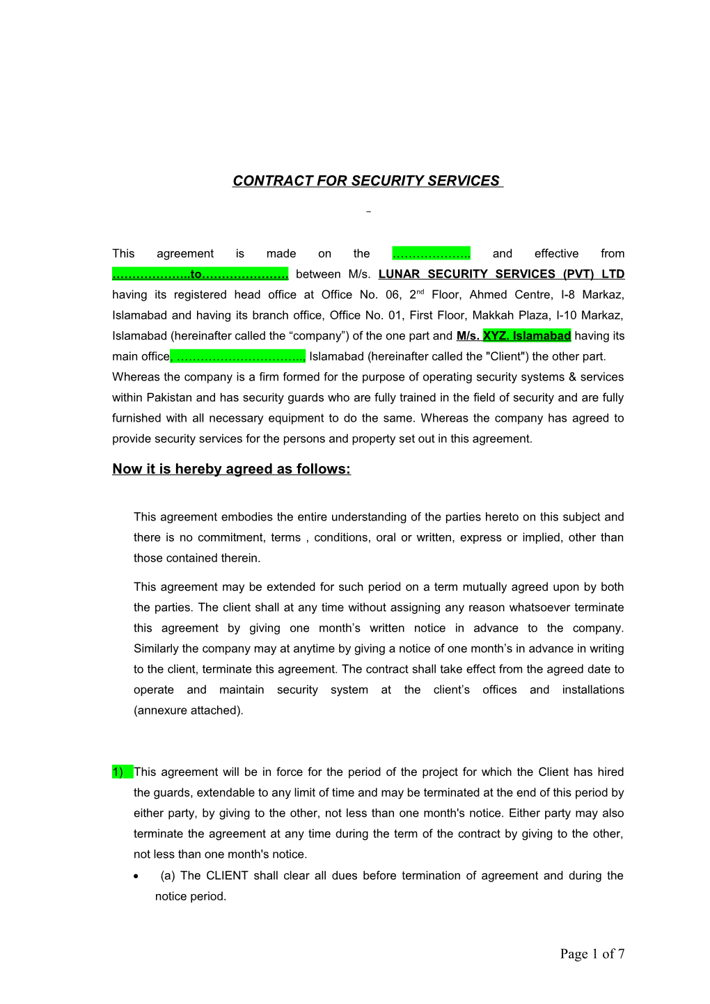 Contract for Security Services