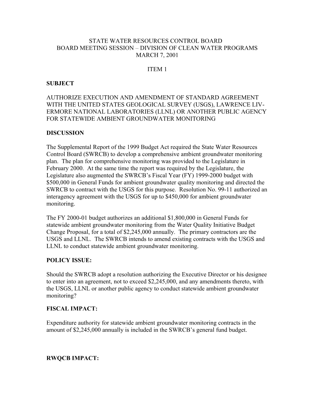 USGS/Lawrence Livermoe Lab/Ambient Grwtr. Monitoring