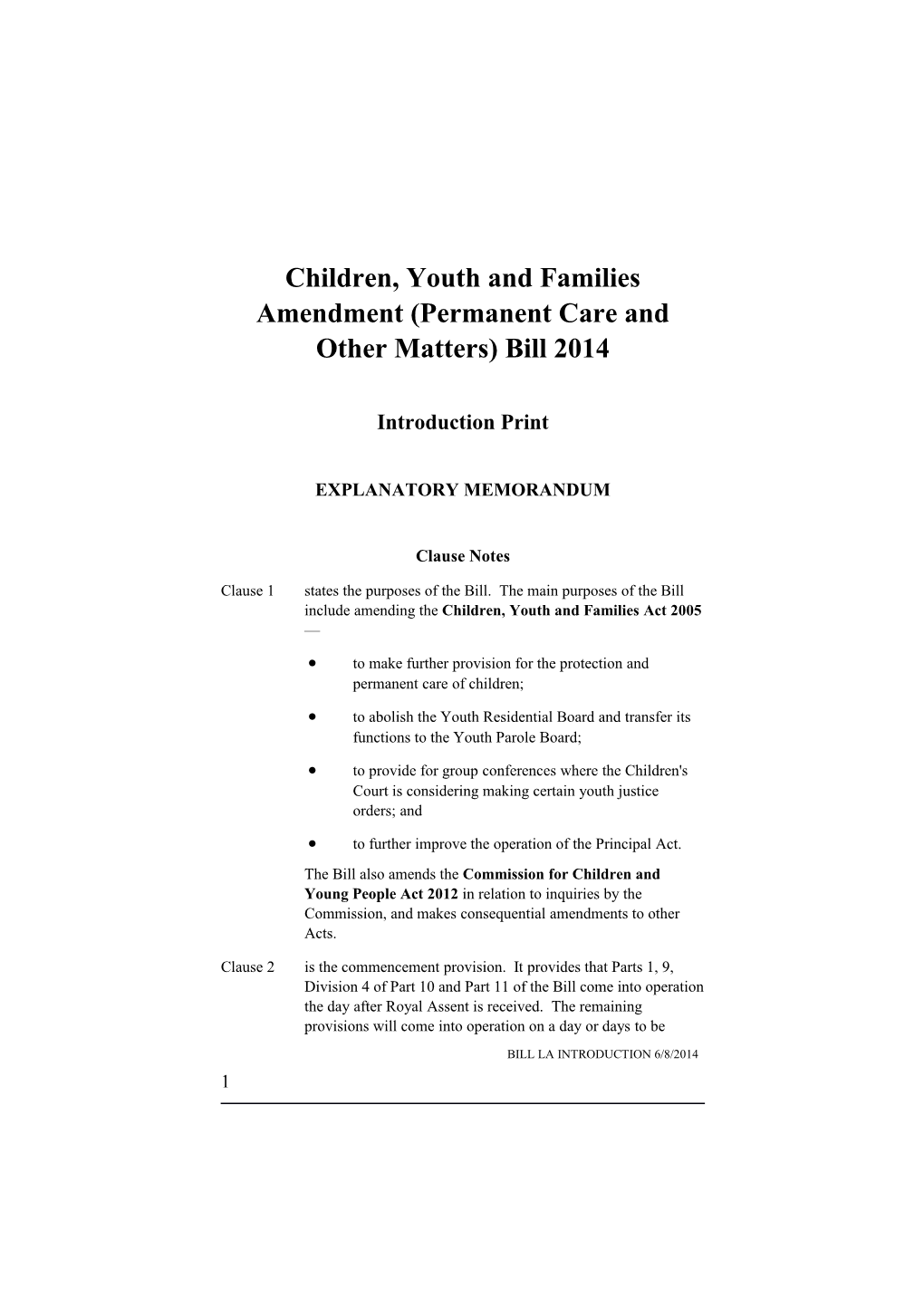 Children, Youth and Families Amendment (Permanent Care and Other Matters) Bill 2014