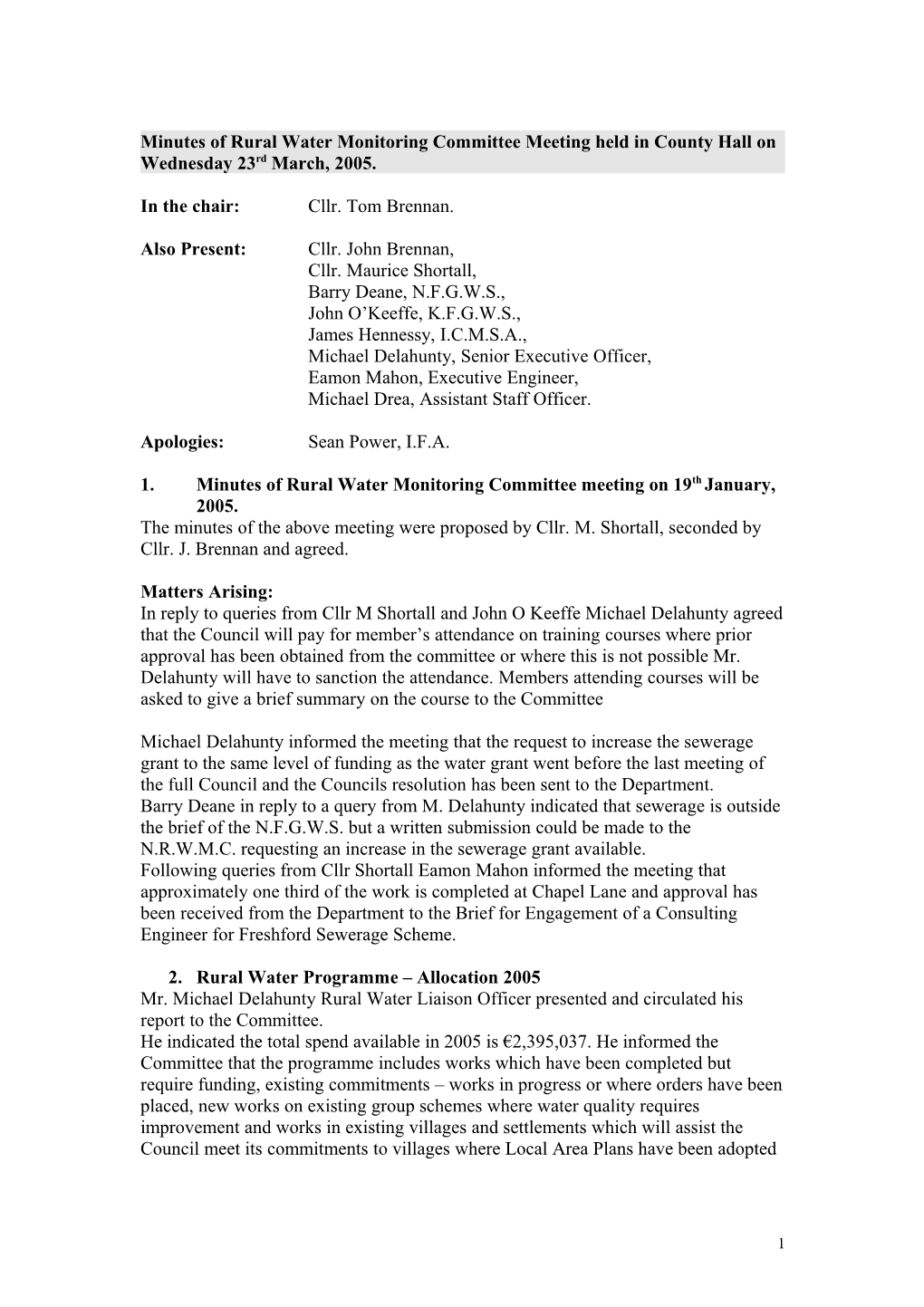 Minutes of Rural Water Monitoring Committee Meeting Held in County Hall on Wednesday 15Th