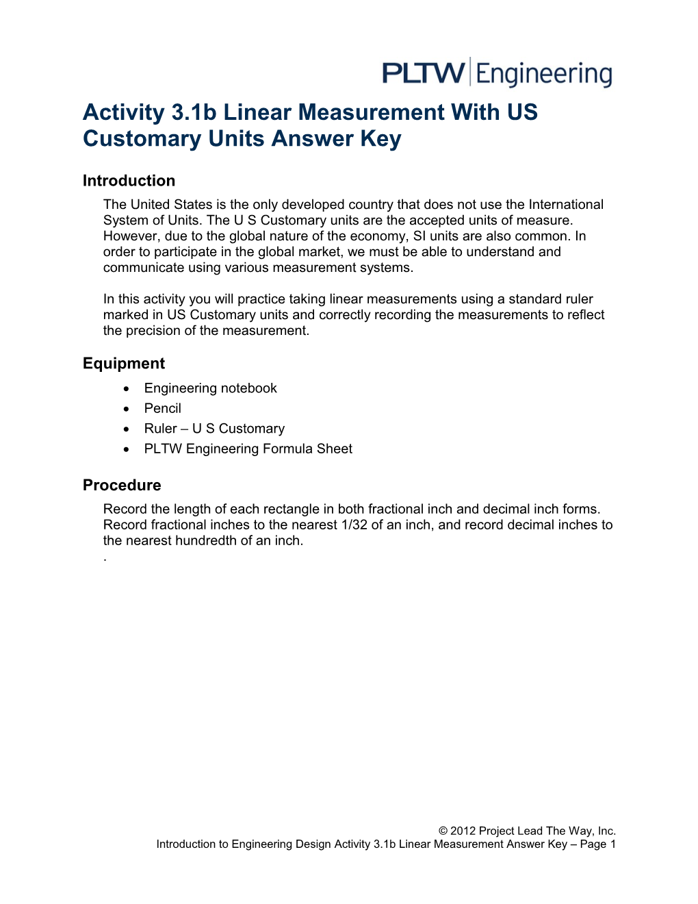 Activity 3.1B Linear Measurement with US Customary Units Answer Key