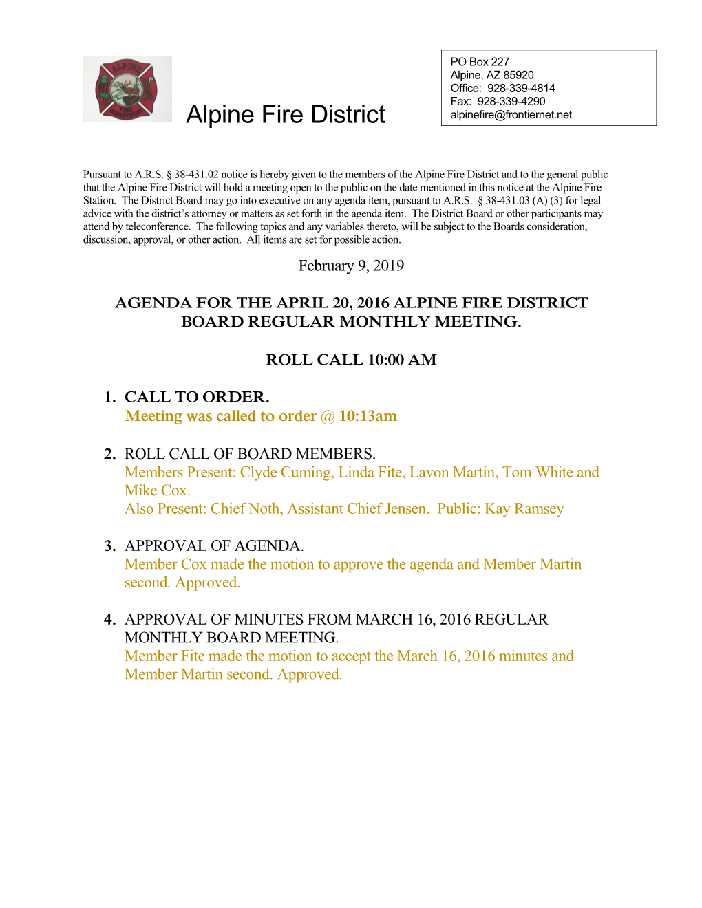 Agenda for Theapril 20, 2016 Alpine Fire District Board Regular Monthly Meeting