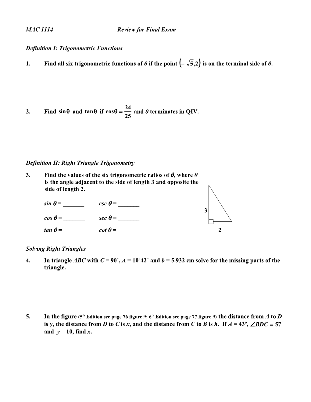 MAC 1114Review for Final Exam